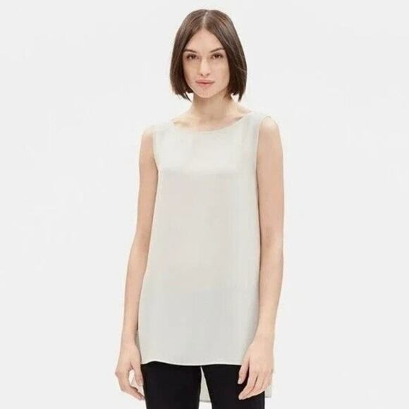 EILEEN FISHER Tank Size Medium 100% Silk Georgette Crepe Bone Scoop Neck NWT - Picture 1 of 14